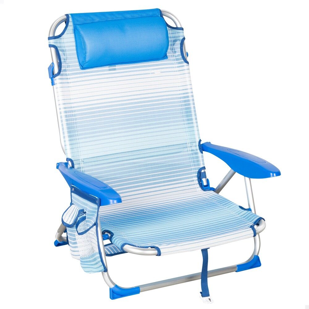 Aktive silla de playa baja plegable y reclinable 4 posiciones rayas azul c/bolsillo, cojín, asa y cierre de seguridad
