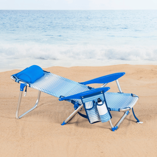 Cadeira de praia Aktive Low dobrável e reclinável 4 posições listras azuis com bolso, almofada, alça e fecho de segurança