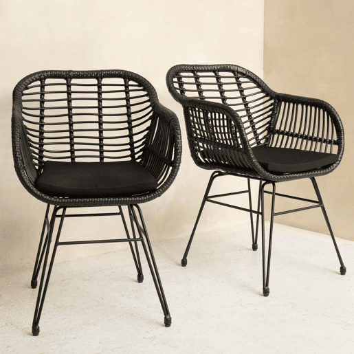Lote de 2 sillones de ratán sintético negro con cojines CINTA