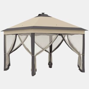 Outsunny Tenda Dobrável Exterior 3,3x3,3x2,9 m com Luzes LED e Controle Remoto Tenda de Jardim com 4 Mosquiteiras Removíveis e Bolsa de Transporte para Acampamento Festas Bege