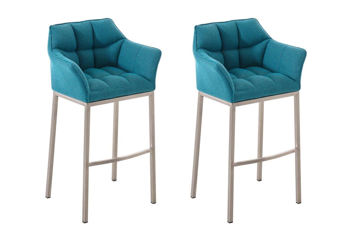 Juego de 2 taburetes de bar damaso con tapizado de tela y base de cuatro patas turquesa 48x64x110 cm