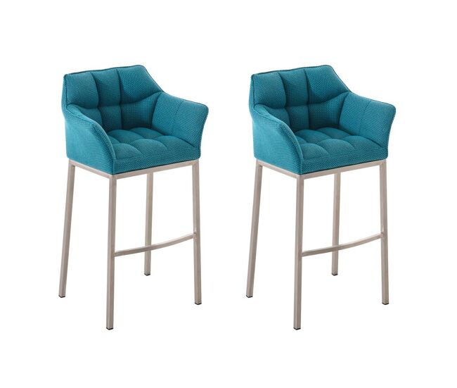 Juego de 2 taburetes de bar damaso con tapizado de tela y base de cuatro patas turquesa 48x64x110 cm