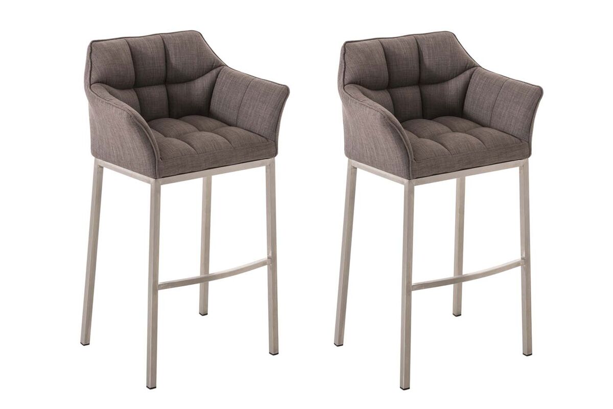 Juego de 2 taburetes de bar damaso con tapizado de tela y base de cuatro patas gris 48x64x110 cm