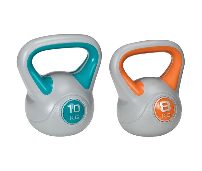 Sportnow conjunto de 2 pesas rusas de 10 kg 8 kg kettlebell de fiteness con relleno de arena mango ancho para ejercicios y entrenamiento en casa y gimnasio 22x16x26 cm 20x14x24 cm azul y naranja