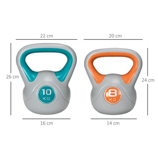 SPORTNOW Conjunto de 2 Kettlebell de 10 kg e 8 kg Kettlebell Fiteness Preenchido com Areia Punho Largo para Exercícios e Treinamento em Casa e Ginásio 22x16x26 cm 20x14x24 cm Azul e Laranja