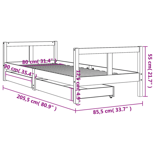 vidaXL Estrutura cama infantil c gavetas 80x200cm pinho maciço branco