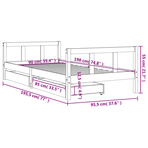 vidaXL Estrutura cama infantil c gavetas 90x190 cm pinho maciço preto