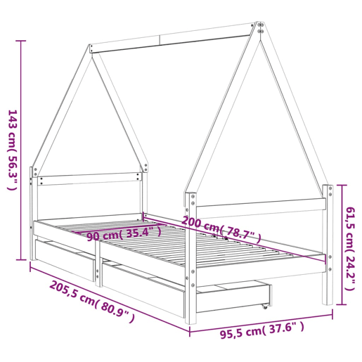 vidaXL Estrutura de cama infantil c gavetas 90x200 cm pinho maciço