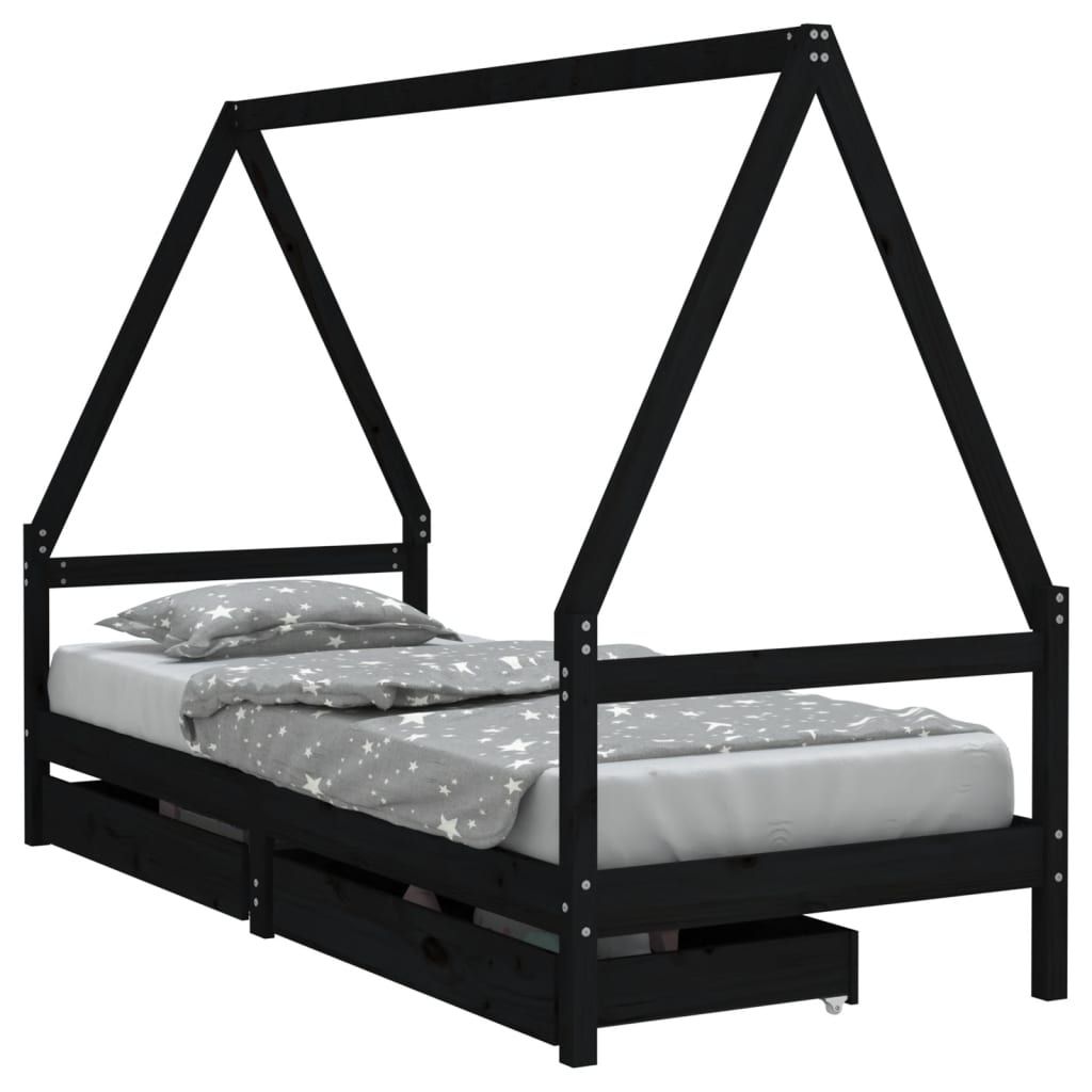 Vidaxl estructura de cama niños con cajones madera pino negro 90x200cm