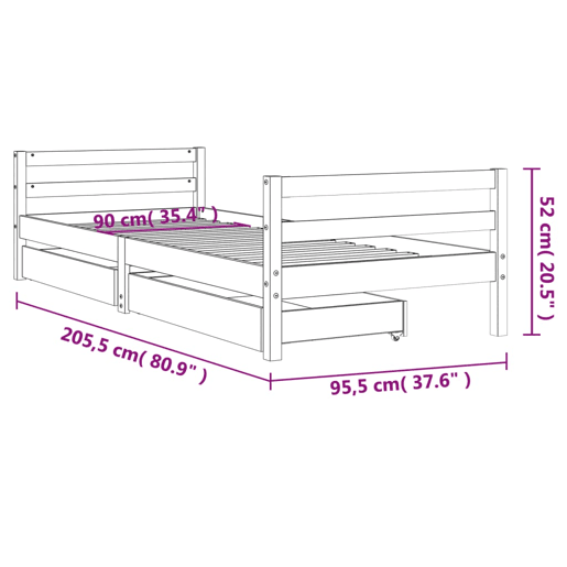 vidaXL Estrutura cama infantil c gavetas 90x200 cm pinho maciço preto