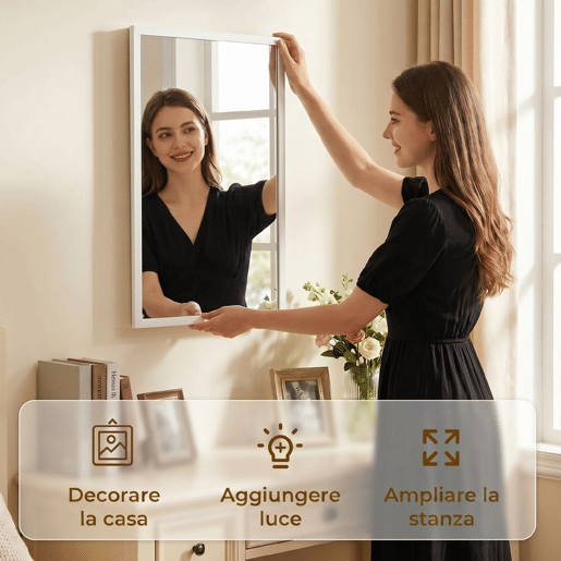 HOMCOM Espelho de Parede Decorativo 50x70 cm Espelho Retangular Espelho de Casa de Banho com 4 Ganchos Metálicos Estilo Moderno para Sala Quarto Entrada Branco