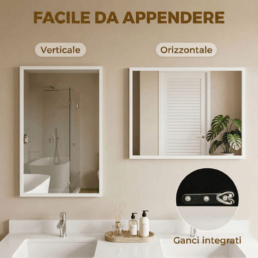 HOMCOM Espelho de Parede Decorativo 50x70 cm Espelho Retangular Espelho de Casa de Banho com 4 Ganchos Metálicos Estilo Moderno para Sala Quarto Entrada Branco
