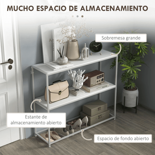 HOMCOM Mesa Consola de Entrada Mesa de Entrada com Estante Aberto e Estrutura de Aço Anti-tombo para Sala Corredor 100x30x87 cm Branco
