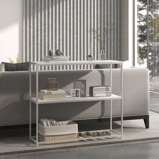 HOMCOM Mesa Consola de Entrada Mesa de Entrada com Estante Aberto e Estrutura de Aço Anti-tombo para Sala Corredor 100x30x87 cm Branco