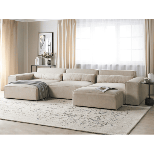 Sofá de canto modular HELLNAR Veludo Creme claro com repousa-pés 3 lugares à direita Sofá de canto modular HELLNAR Veludo Creme claro com repousa-pés 3 lugares à direita