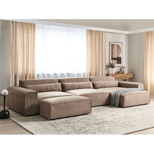 Sofá de canto modular HELLNAR Tecido Castanho claro com repousa-pés 3 lugares à esquerda Sofá de canto modular HELLNAR Tecido Castanho claro com repousa-pés 3 lugares à esquerda