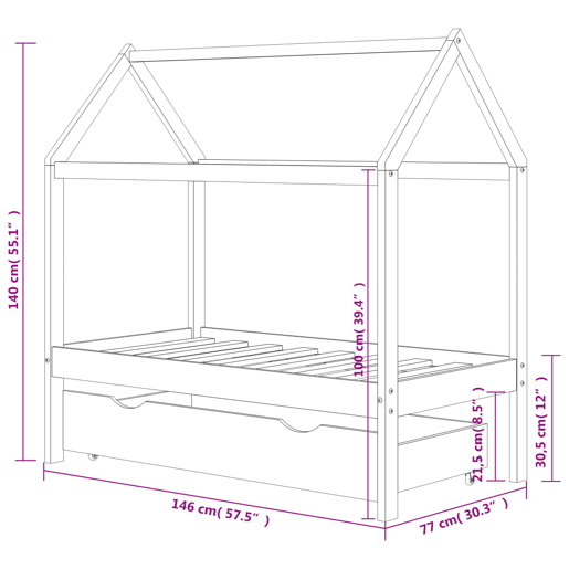 vidaXL Estrutura de cama para crianças c gaveta 70x140cm pinho maciço