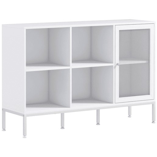 HOMCOM Aparador de Cozinha Moderno Móvel Auxiliar com Porta de Malha 4 Compartimentos Abertos e Estante Ajustável para Sala 120x37x81,5 cm Branco