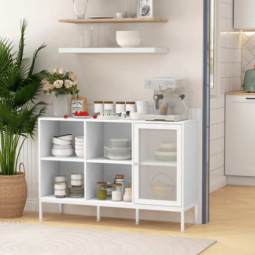 HOMCOM Aparador de Cozinha Moderno Móvel Auxiliar com Porta de Malha 4 Compartimentos Abertos e Estante Ajustável para Sala 120x37x81,5 cm Branco