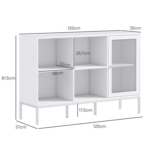HOMCOM Aparador de Cozinha Moderno Móvel Auxiliar com Porta de Malha 4 Compartimentos Abertos e Estante Ajustável para Sala 120x37x81,5 cm Branco