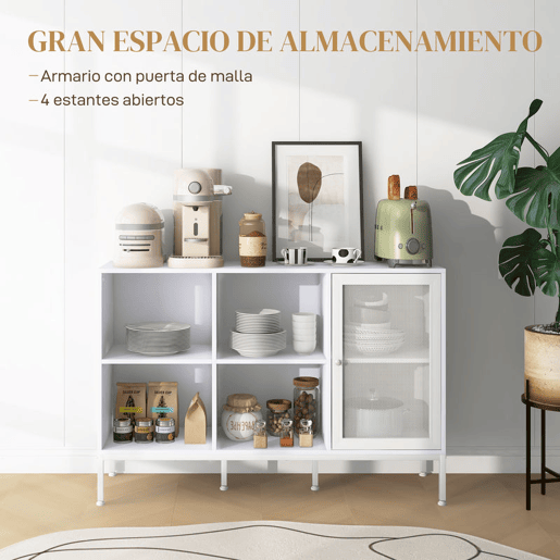 HOMCOM Aparador de Cozinha Moderno Móvel Auxiliar com Porta de Malha 4 Compartimentos Abertos e Estante Ajustável para Sala 120x37x81,5 cm Branco