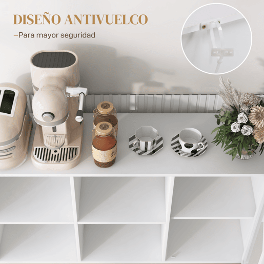 HOMCOM Aparador de Cozinha Moderno Móvel Auxiliar com Porta de Malha 4 Compartimentos Abertos e Estante Ajustável para Sala 120x37x81,5 cm Branco