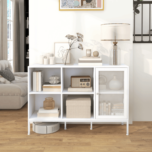 HOMCOM Aparador de Cozinha Moderno Móvel Auxiliar com Porta de Malha 4 Compartimentos Abertos e Estante Ajustável para Sala 120x37x81,5 cm Branco