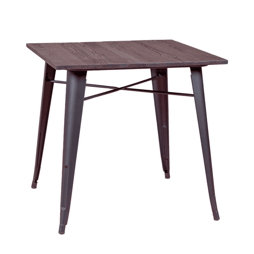 Mesa industrial em aço preto e madeira escura - Bistro