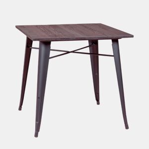 Mesa industrial em aço preto e madeira escura - Bistro