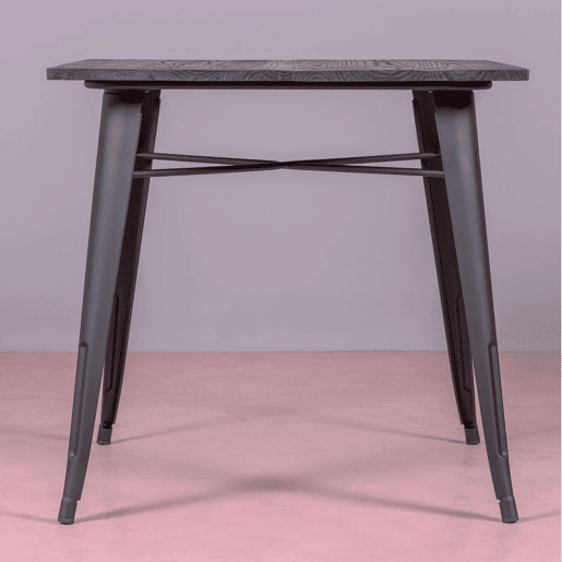 Mesa industrial em aço preto e madeira escura - Bistro
