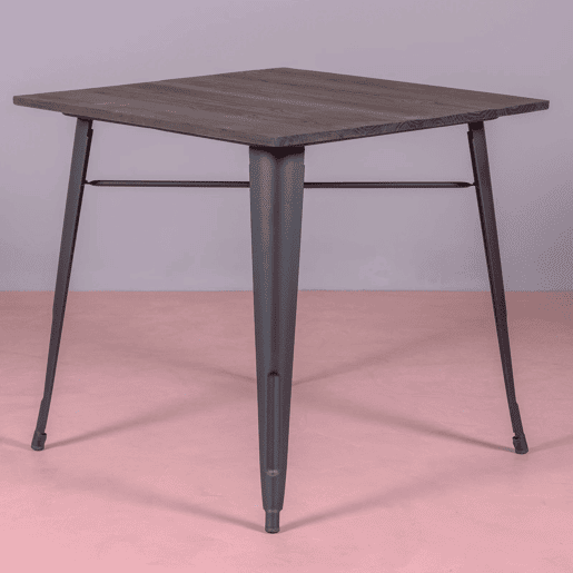 Mesa industrial em aço preto e madeira escura - Bistro