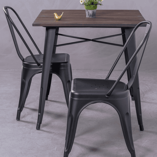 Mesa industrial em aço preto e madeira escura - Bistro