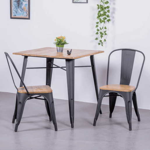 Mesa industrial em aço preto e madeira clara - Bistro