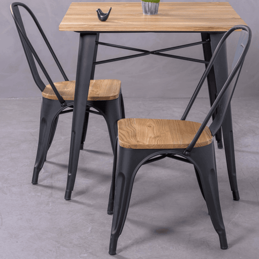 Mesa industrial em aço preto e madeira clara - Bistro
