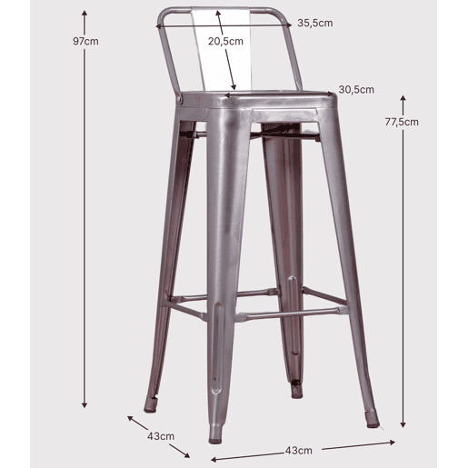 Banqueta industrial de metal com encosto baixo (76cm) - Bistro
