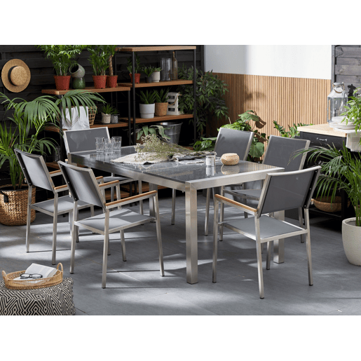 Conjunto de refeições de jardim 6 lugares GROSSETO Placa tripla Granito Polido Cinzento