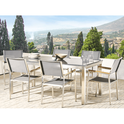 Conjunto de refeições de jardim 6 lugares GROSSETO Granito Polido Cinzento