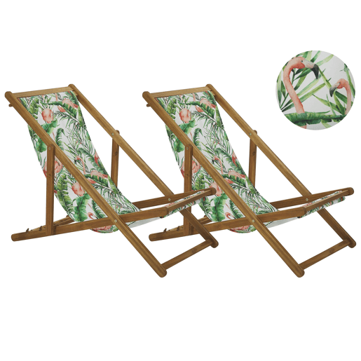 Conjunto de 2 cadeiras de praia dobráveis ANZIO com tecidos de substituição Motivo animal Madeira de acácia Castanho claro