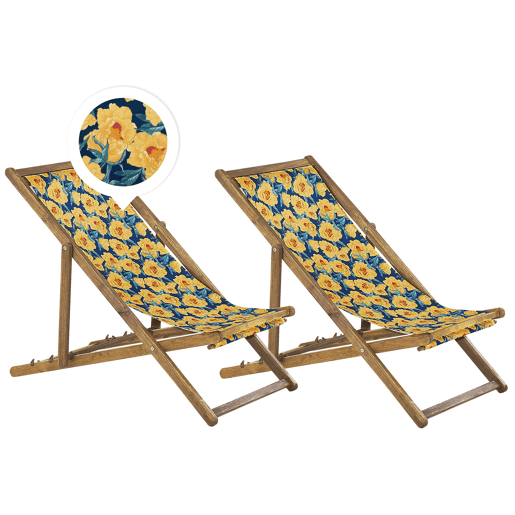 Conjunto de 2 cadeiras de praia dobráveis ANZIO com tecidos de substituição Motivo floral Madeira de acácia Castanho claro