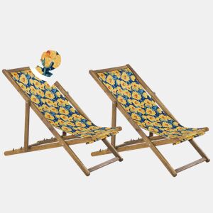 Conjunto de 2 cadeiras de praia dobráveis ANZIO com tecidos de substituição Motivo floral Madeira de acácia Castanho claro