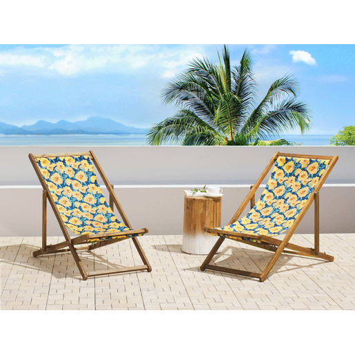 Conjunto de 2 cadeiras de praia dobráveis ANZIO com tecidos de substituição Motivo floral Madeira de acácia Castanho claro