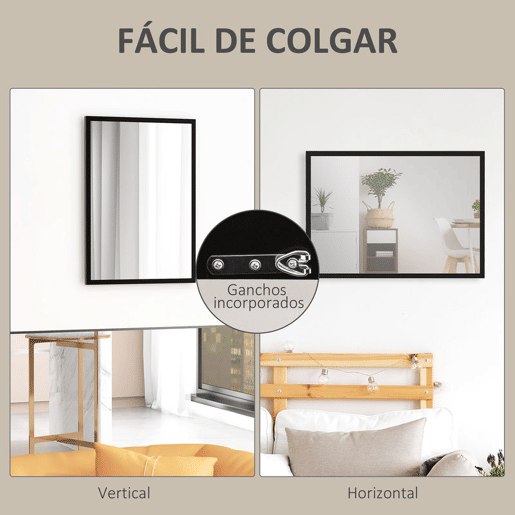 HOMCOM Espelho de Parede Decorativo 50x70 cm Espelho Retangular Espelho de Casa de Banho com 4 Ganchos Metálicos Estilo Moderno para Sala Quarto Entrada Preto