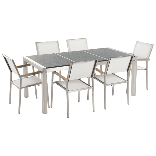 Conjunto de refeições de jardim 6 lugares GROSSETO Placa tripla Basalto Flameado PretoBranco