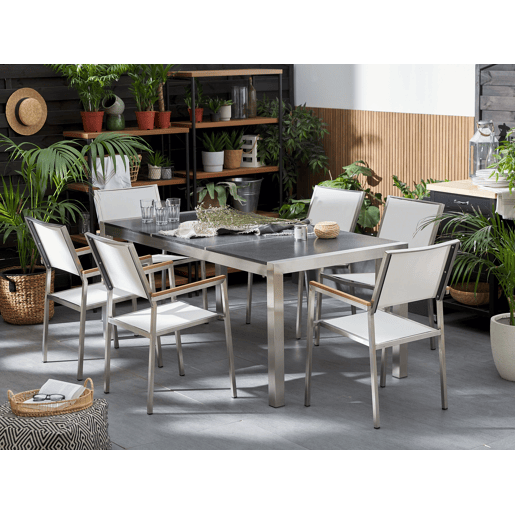 Conjunto de refeições de jardim 6 lugares GROSSETO Placa tripla Basalto Flameado PretoBranco