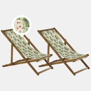 Conjunto de 2 cadeiras de praia dobráveis ANZIO com tecidos de substituição Motivo floral Madeira de acácia Castanho claro