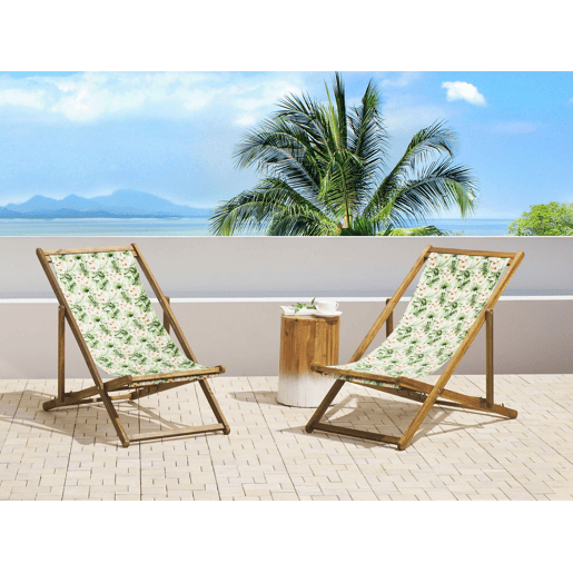 Conjunto de 2 cadeiras de praia dobráveis ANZIO com tecidos de substituição Motivo floral Madeira de acácia Castanho claro