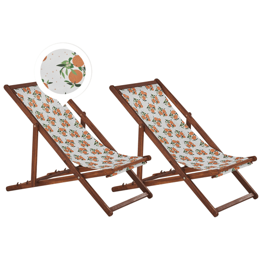 Conjunto de 2 cadeiras de praia dobráveis ANZIO com tecidos de substituição Motivo floral Madeira de acácia Castanho escuro