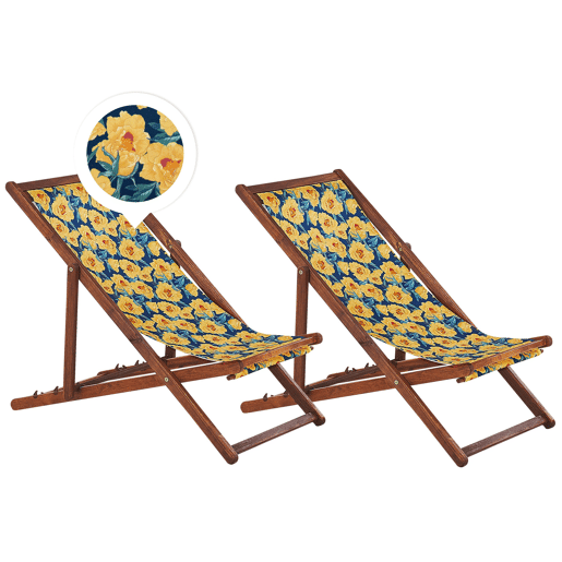 Conjunto de 2 cadeiras de praia dobráveis ANZIO com tecidos de substituição Motivo floral Madeira de acácia Castanho escuro