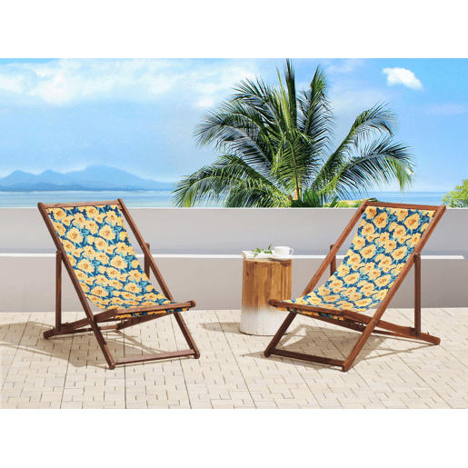 Conjunto de 2 cadeiras de praia dobráveis ANZIO com tecidos de substituição Motivo floral Madeira de acácia Castanho escuro
