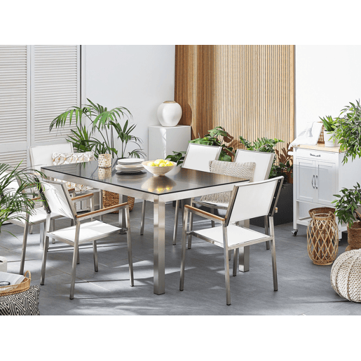 Conjunto de refeições de jardim 6 lugares GROSSETO Granito Polido PretoBranco